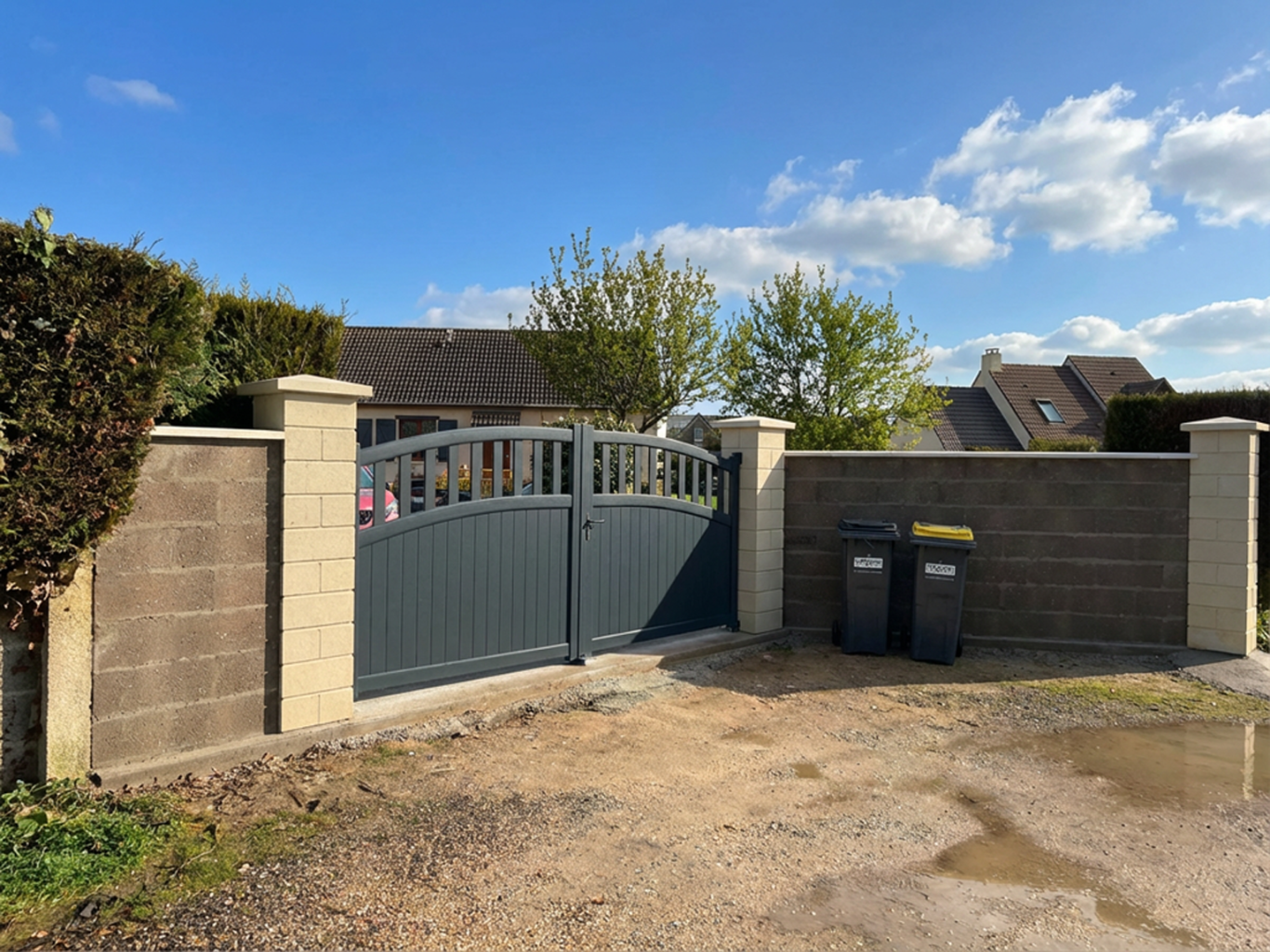 Portail gris ouvert avec des poubelles à côté et un ciel bleu en arrière-plan.